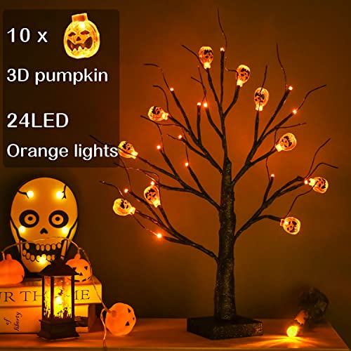 Orange Halloween Tree with 24LED Lights & Pumpkin Ornaments - 18IN Indoor Tabletop Decor