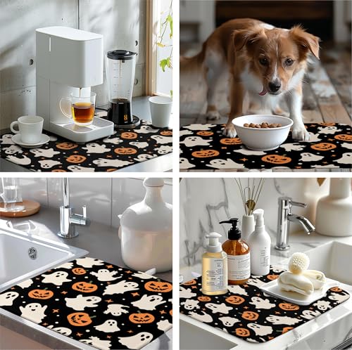 Halloween Dish Drying Mat Ghost Pumpkin 18x24 Inch Absorbent Microfiber Reversible