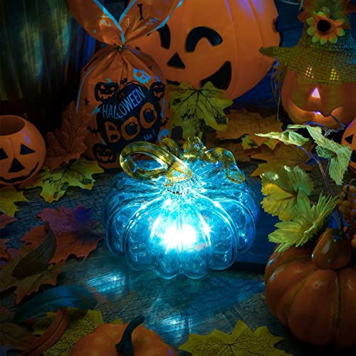 Blue Fall Hand Blown Glass Pumpkin Decor - 5.1 x 5.1 Inch