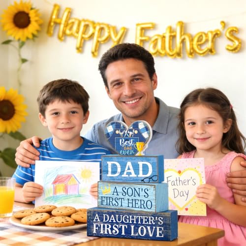 Father's Day Wooden Sign Set - Dad Block Signs Farmhouse Decor, 4 Pieces