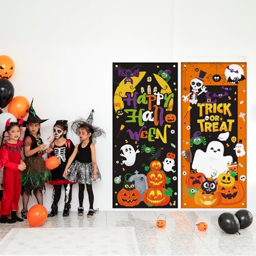 Halloween Door Cover Set - Trick or Treat Banners for Haunted House & Party - 2 Pieces Variation of Halloween