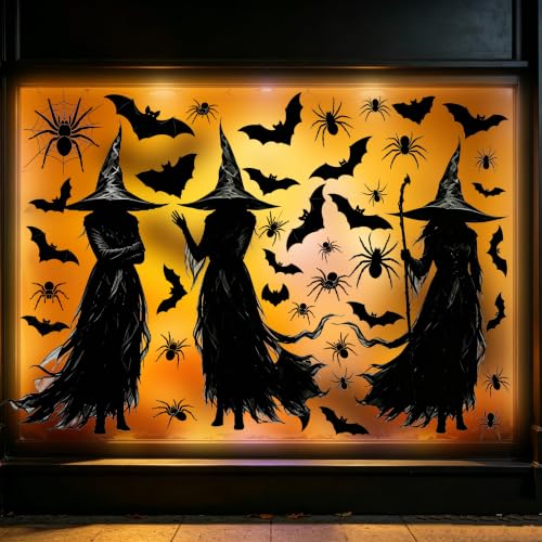 3 Extra Large Halloween Static Window Clings - Black Witch Spider Bat Silhouette Set
