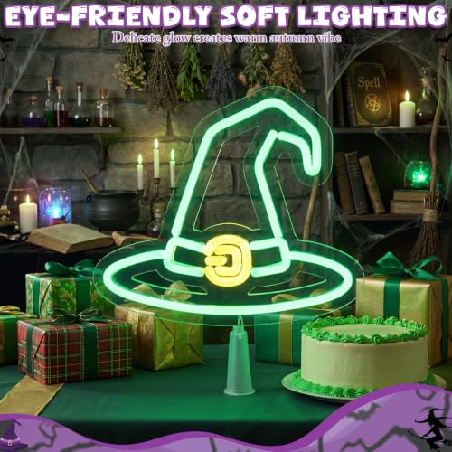 Halloween Tree Topper LED Witch Hat Lighted Decoration - 10 Inch, Green, with Base & Ties - Variation of Witch Hat