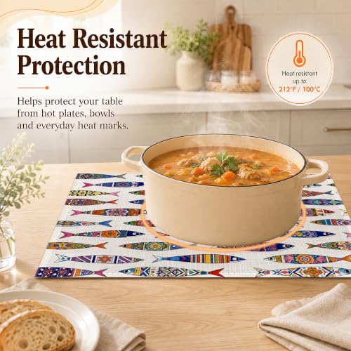 Colorful Fish Linen Placemats Set of 6 - Waterproof Washable Table Mats