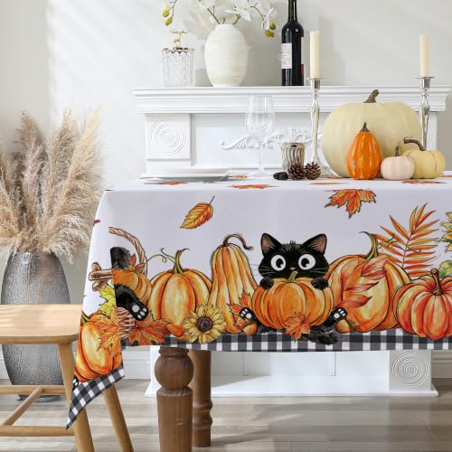 Rectangular Fall Pumpkins Tablecloth 60x84 Inch - Fade-Resistant, Spill-Resistant, Black Cat Variation