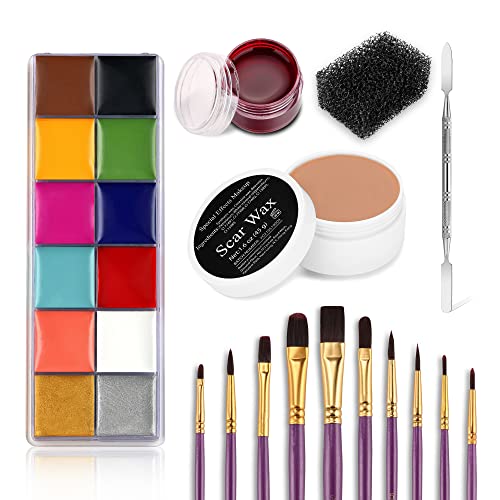 Professional Special Effects Makeup Kit with Face Paint Brushes & Wound Wax