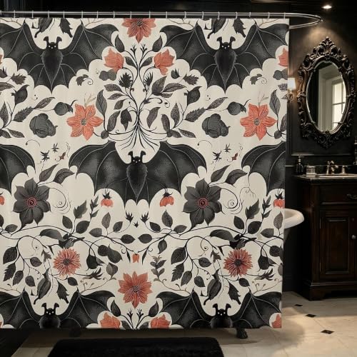 Halloween Bat Shower Curtain Set - Gothic Boho Floral Victorian Bathroom Decor - Black Red, 72x72 Inches