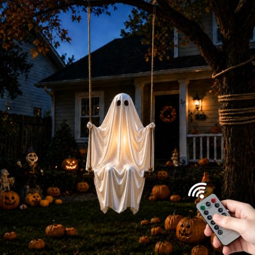 Large Hanging Swing Ghost with LED Lights - Outdoor Halloween Decor, 5 FT Spooky Ghost for Porch & Yard