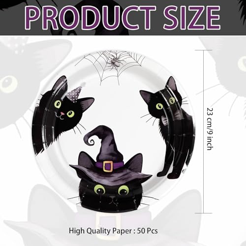 Halloween Black Cat Party Plates 9-Inch Set with Witchy Hats & Spider Webs - Variation: Three Black Cats