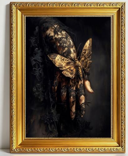 Dark Academia Gothic Wall Art - Moths Lace Hand with Gold Frame 16x12in - Victorian Moody Artwork for Bedroom & Dorm - Variation of Moths Lace Hand Framed