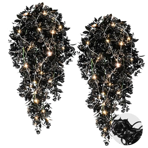 Artificial Black Hanging Flowers with Lights - Halloween Gothic Decor, 2 Pack - Variation: Black Rose