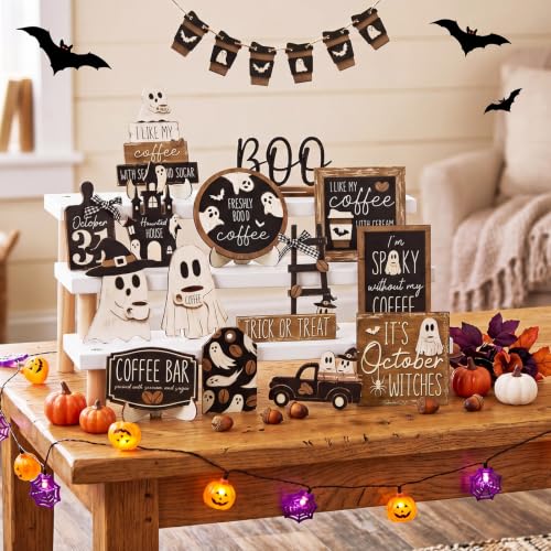Halloween Ghost Coffee Tiered Tray Decor Set - 17 Pcs Fall Farmhouse Style Variation