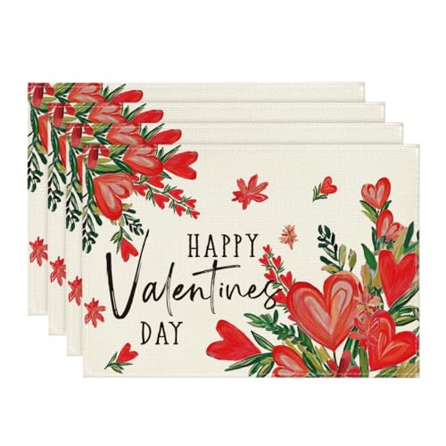 Red Hearts Love Valentine's Day Placemat Set of 4 - 12x18 Inch Rectangular Table Mats