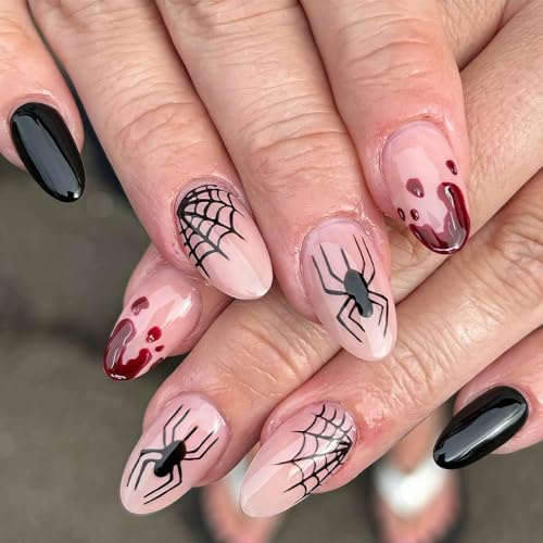Halloween Press On Nails - Oval Medium Style-48 Spider Blood Drop, Reusable