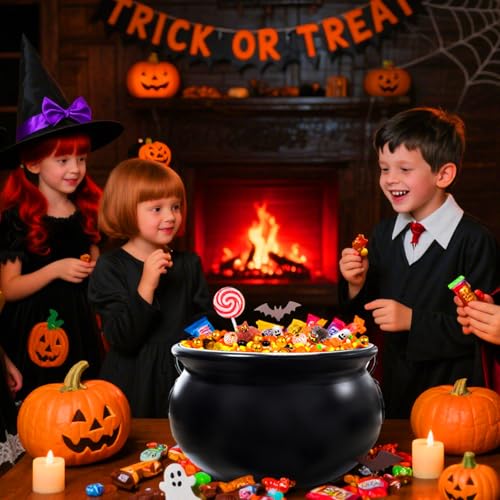 Halloween Plastic Cauldron Set - 3 Large Black Witch Kettles for Candy & Decorations