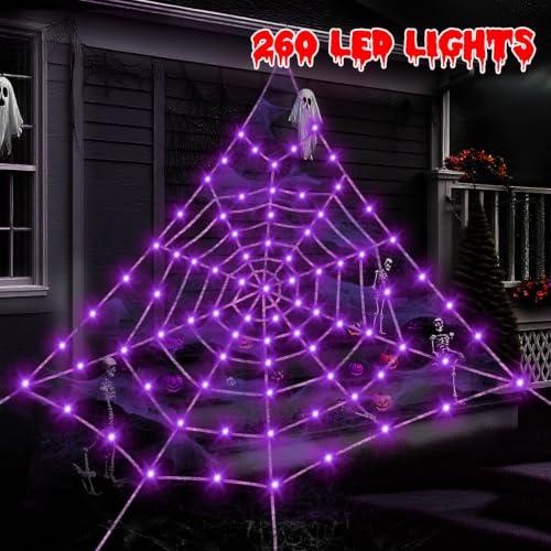 Purple Halloween Spider Web Decorations - 16.4 Ft Giant Yard Web with Lights