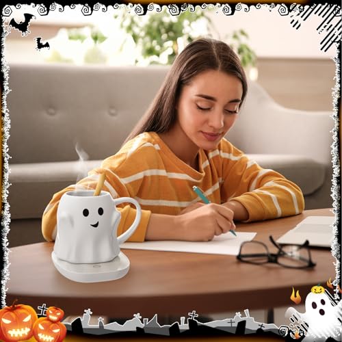 White Ghost Mug with Electric Coffee Warmer Set - 14oz, Halloween Desk Accessory