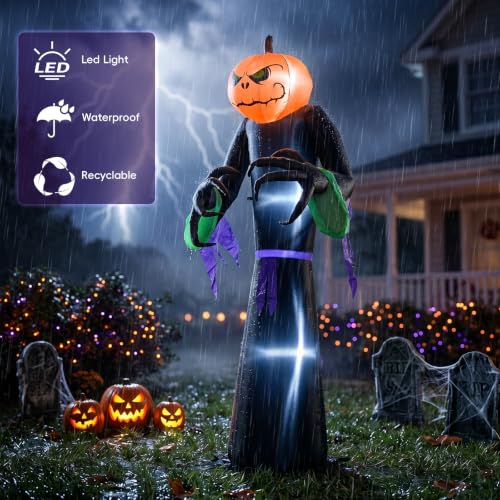 8ft Tall Pumpkin Man Outdoor Inflatable Halloween Decoration - Horror Theme, Easy Setup, Party Friendly - Pumpkin Man Variation