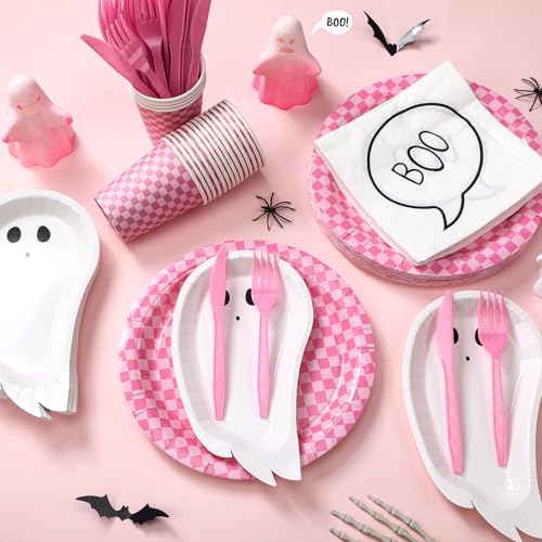 Pink Halloween Ghost Paper Plates and Cups Party Set - 144 pcs with Napkins & Cutlery