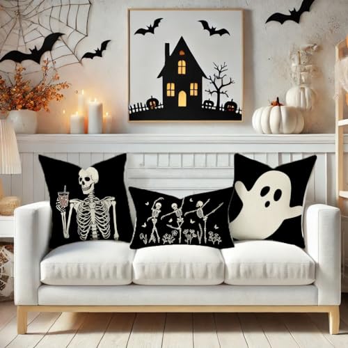 PANDICORN Halloween Dancing Skeleton Throw Pillow Cover 12x20 - Black & White