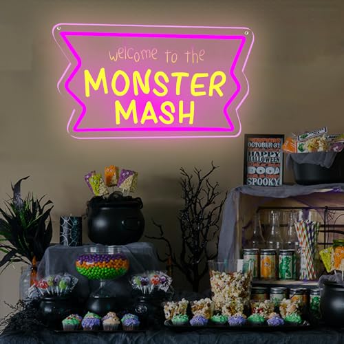 Purple Neon Sign Wall Decor - Welcome to the Monster Mash LED Light for Gaming & Party Rooms