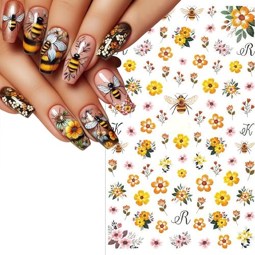 6 Sheets Sunflower & Floral Nail Stickers Self-Adhesive 3D Nail Art Decals
