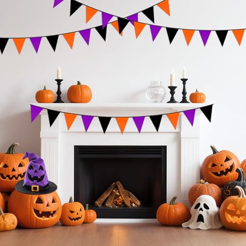 Halloween Pennant Banner - Black, Orange & Purple Fabric Triangle Bunting - 39Ft Indoor Outdoor Party Decor with Variation Black Orange Purple