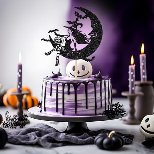 Witch Cake Topper for Halloween Party & Birthday Decor - Black Glitter