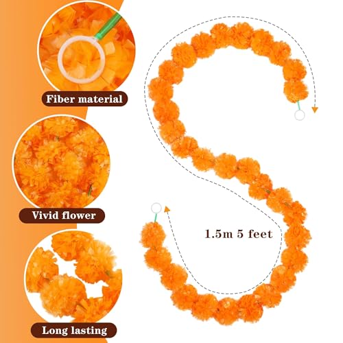 Light Orange Marigold Garland Set - 15 Strands, 5 Feet Long for Weddings Diwali & Festivals - Artificial Floral Decor