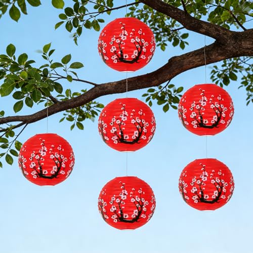 Cherry Flowers Red Paper Lanterns - 6 Pack 12-Inch Chinese Japanese Hanging Decor