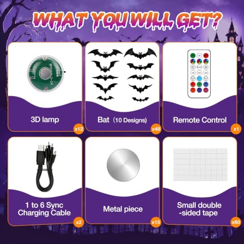 Halloween Bat Decorations Set with Rechargeable Lights - Black, 48 Bats + 12 Lights