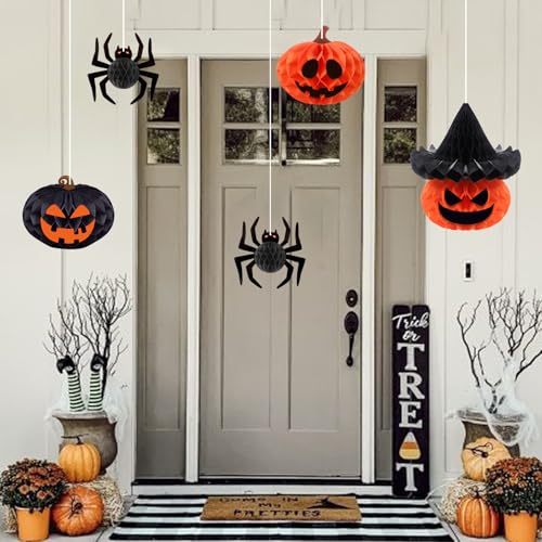 5 Pack Halloween Hanging Decorations - 3D Paper Spider & Pumpkin Set with Stickers