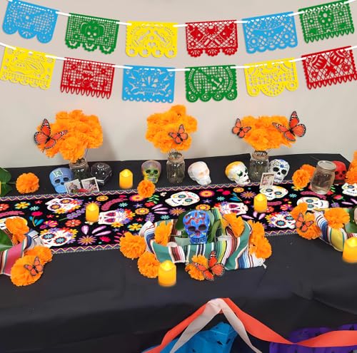 Dia De Los Muertos Decorations Set - Table Runner Banner Candles Butterflies