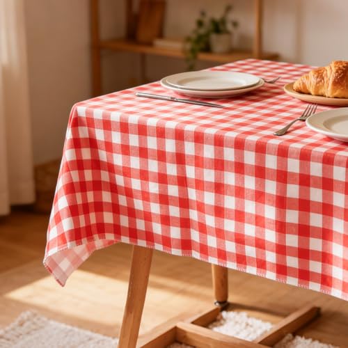 Red Gingham Vinyl Tablecloth with Flannel Backing 60x84 Inch Waterproof Outdoor Cover