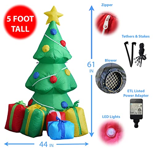 Lighted Christmas Inflatable Green Tree with Gift Boxes - 5 Ft Outdoor Holiday Decor