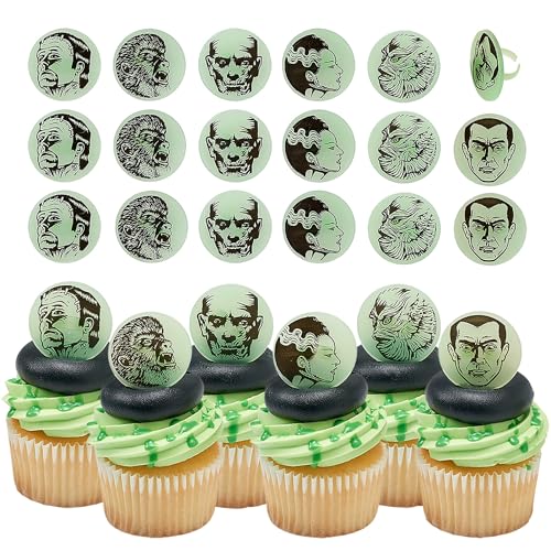 Halloween Monster Cupcake Toppers - Glow-in-The-Dark Plastic Cake Rings, 24 Pack