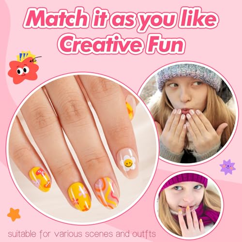 Kids Colorful Flower Press-On Nails Set with Glue - Old Colorful Flower Variation