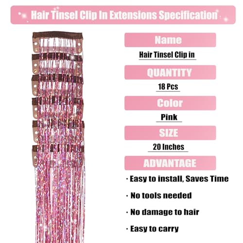 20 Inch Pink Hair Tinsel Clip-In Extensions - Sparkling Glitter Hair Accessories - 18Pcs