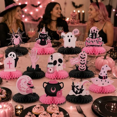 Pink Halloween Table Centerpieces Set - 12 Pastel & Black Honeycomb Party Decor