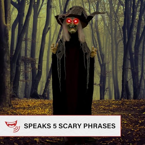 75-Inch Talking Witch Halloween Animatronic with Lights & Phrases - Life-Size Poseable Outdoor Indoor Decor