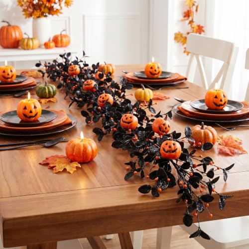 Lighted Halloween Garland for Mantle Fireplace Decorations - 5.2 ft Pumpkin and Black Eucalyptus Decor