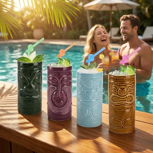 Ceramic Tiki Mug Set - 4 Pack 10oz Mai Tai Cocktail Glasses for Tropical Drinks