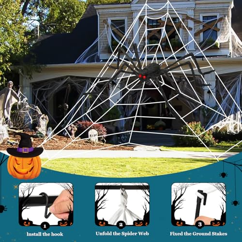 Halloween Spider Web Lights with 50-Inch Plush Spider & Stretch Cobweb - Remote Control, 8 Modes, Waterproof Yard Decor