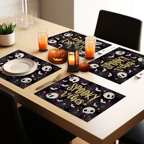 Halloween Skeleton Bat Placemat Set of 4 - Spooky Table Decor for Home & Dining