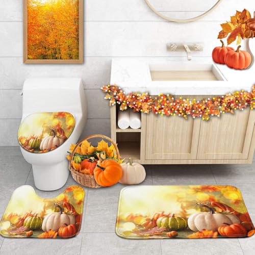 Fall Bathroom Rug Set of 3 - Microfiber, Non-Slip, Absorbent, Thanksgiving Pumpkin Design - Fall 3