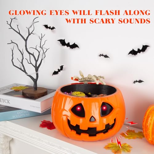 Animatronic Halloween Candy Bowl with Skeleton Hands and Glowing Eyes - Motion Activated Pumpkin Decor