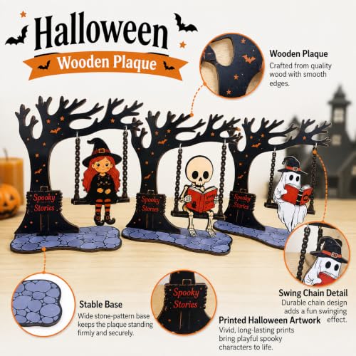 Wooden Halloween Tabletop Decorations Set with Swinging Motions - 3 Pieces