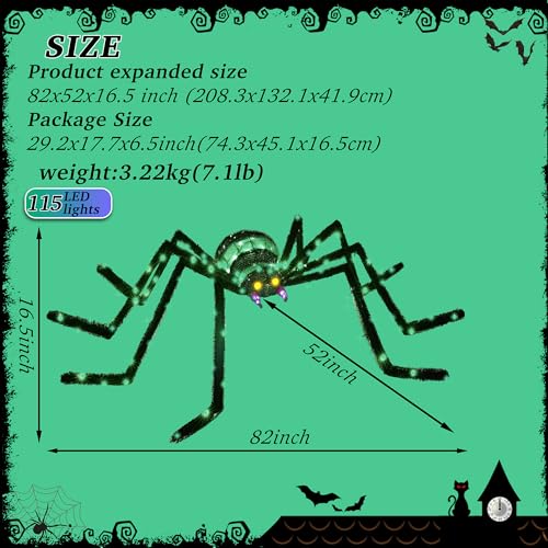 Giant Halloween Spider Decoration - 6.8Ft Lighted Outdoor Prop with 115 LED Lights - Green, Zz-004