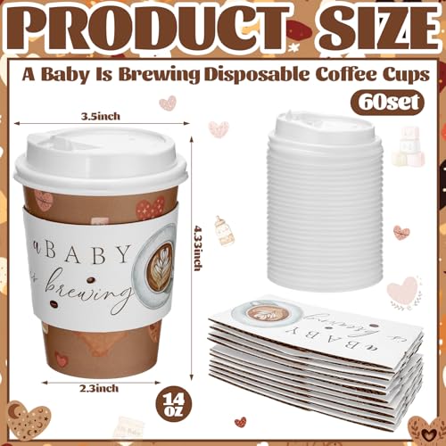 Baby Is Brewing Coffee Cups Set - 60pcs 14oz Disposable Cups with Lids & Sleeves, Brown Variation