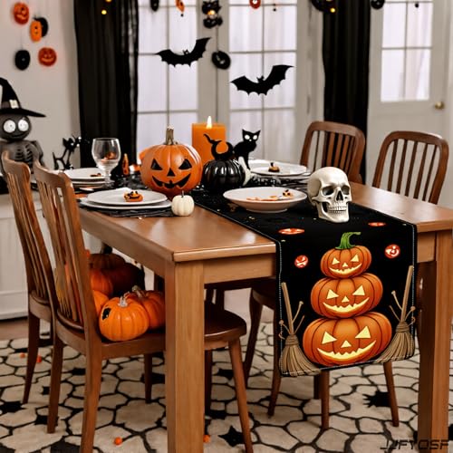 Halloween Table Runner - Stacked Jack-O'-Lantern Pumpkins with Witch Broom Design, 13x72 Inch, Fall Home Decor - Pumpkin & Broom Variation